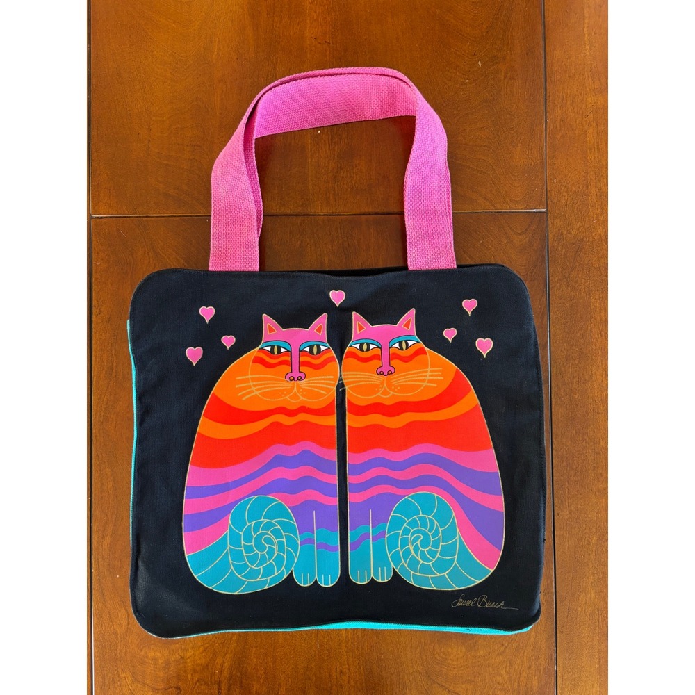 Laurel Burch Colorful Cat Canvas Tote Bag Pink Strap Turquoise Cotton Art Bag